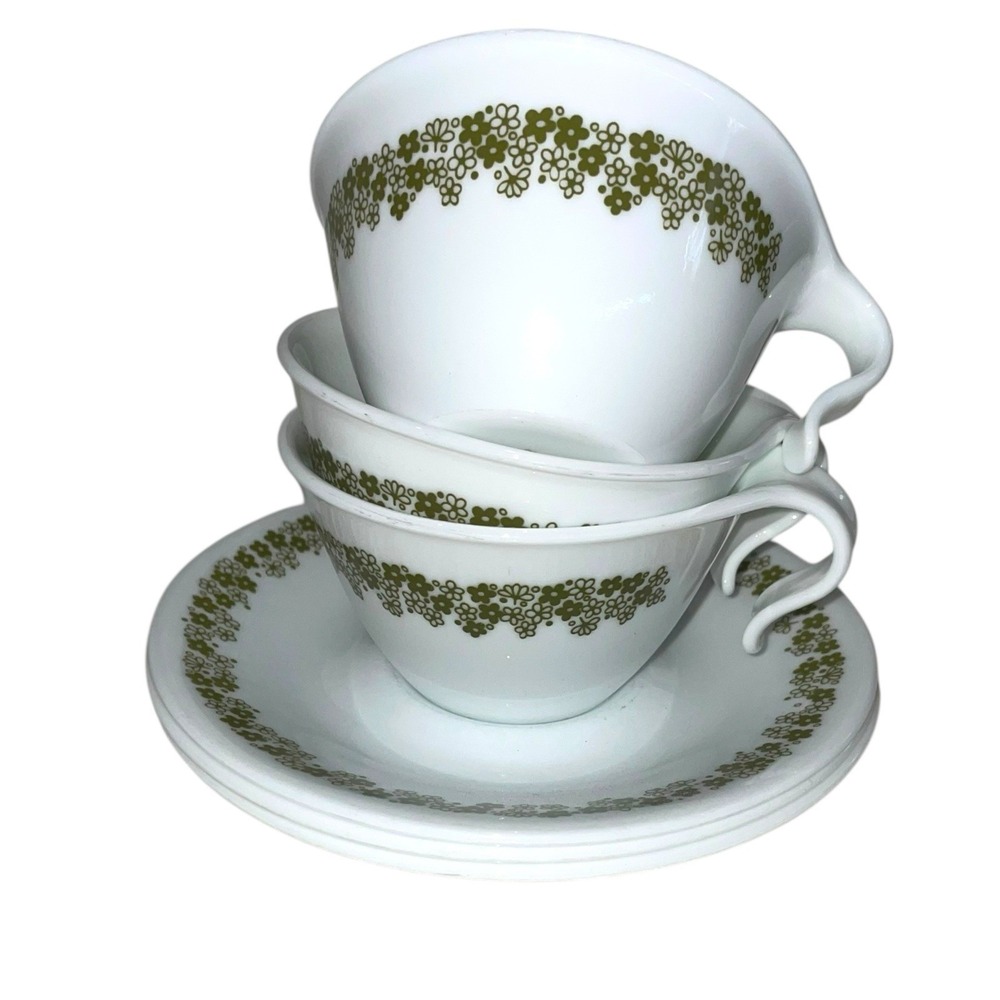 Set of 3 Vintage Pyrex Corelle Crazy Daisy Cups and Saucers
